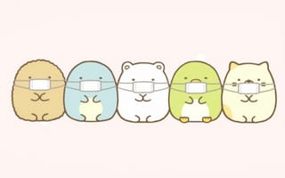 Картинка каваи, милый, Sumikko Gurashi, Shirokuma, Penguin?, Tonkatsu, Tokage, нести, пингвин, котлета, Кот, котенок, динозавр, друг, маленький, маска