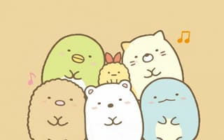 Картинка каваи, милый, Sumikko Gurashi, Shirokuma, Penguin?, Tonkatsu, Tokage, нести, пингвин, котлета, Кот, котенок, динозавр, друг, маленький