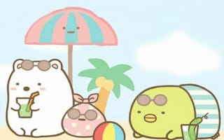Картинка каваи, милый, Sumikko Gurashi, Shirokuma, Penguin?, Tonkatsu, Tokage, нести, пингвин, котлета, Кот, котенок, динозавр, друг маленький, маленький, полярный, животное, детеныш, птица, лето, пляж, отпуск
