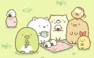 Картинка каваи, милый, Sumikko Gurashi, Shirokuma, Penguin?, Tonkatsu, Tokage, нести, пингвин, котлета, Кот, котенок, динозавр, друг маленький, маленький, пикник