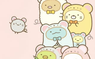 Картинка каваи, милый, Sumikko Gurashi, Shirokuma, Penguin?, Tonkatsu, Tokage, нести, пингвин, котлета, Кот, котенок, динозавр, друг маленький, маленький