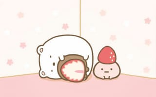 Картинка каваи, милый, Shirokuma, нести, полярный, животное, маленький, детеныш, Sumikko Gurashi, клубника, сладости, ягода, вкуснятина, еда, вкусные