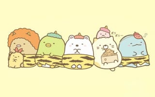 Картинка каваи, милый, Sumikko Gurashi, Shirokuma, Penguin?, Tonkatsu, Tokage, нести, пингвин, котлета, Кот, котенок, динозавр, друг маленький, маленький