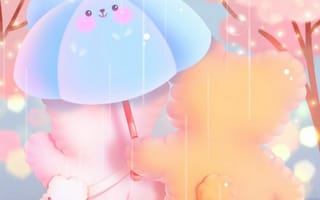 Картинка каваи, милый, нести, животное, маленький, крошечный, детеныш, дождь, зонтик, уронить