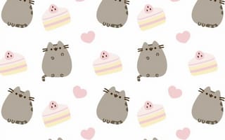 Картинка каваи, милый, Pusheen, Кот, котенок, серый, полосатый, пухлый, мяу, домашний питомец, животное, кекс, сладости, вкуснятина, еда, вкусные, задний план