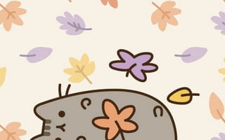 Картинка каваи, милый, Pusheen, Кот, котенок, серый, полосатый, пухлый, мяу, домашний питомец, животное, осень, лист