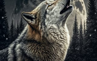 Картинка волк, дикий, хищник, животное, животные, природа, лес, деревья, дерево, ночь, темнота, темный, звезды, звезда, луна, вой, AI Art, цифровое, арт, ИИ арт, сгенерированный, AI, ИИ