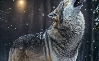 Картинка волк, дикий, хищник, животное, животные, природа, лес, деревья, дерево, ночь, темнота, темный, зима, снег, вой, AI Art, цифровое, арт, ИИ арт, сгенерированный, AI, ИИ