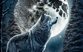 Картинка волк, дикий, хищник, животное, животные, природа, лес, деревья, дерево, ночь, темнота, темный, звезды, звезда, луна, зима, снег, AI Art, цифровое, арт, ИИ арт, сгенерированный, AI, ИИ