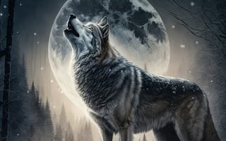 Картинка волк, дикий, хищник, животное, животные, природа, лес, деревья, дерево, ночь, темнота, темный, звезды, звезда, луна, зима, снег, вой, AI Art, цифровое, арт, ИИ арт, сгенерированный, AI, ИИ