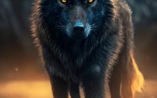 Картинка волк, дикий, хищник, животное, животные, природа, вечер, сумерки, закат, заход, черный, AI Art, цифровое, арт, ИИ арт, сгенерированный, AI, ИИ