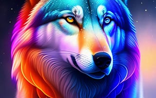 Картинка волк, дикий, хищник, животное, животные, природа, ночь, темнота, темный, звезды, звезда, зима, снег, свечение, разноцветный, AI Art, цифровое, арт, ИИ арт, сгенерированный, AI, ИИ