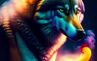 Картинка волк, дикий, хищник, животное, животные, природа, ночь, темнота, темный, свечение, разноцветный, дым, AI Art, цифровое, арт, ИИ арт, сгенерированный, AI, ИИ