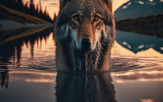 Картинка волк, дикий, хищник, животное, животные, природа, вечер, сумерки, закат, заход, вода, озеро, отражение, AI Art, цифровое, арт, ИИ арт, сгенерированный, AI, ИИ