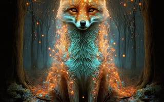 Картинка лиса, животное, животные, природа, лес, деревья, дерево, ночь, темнота, темный, огонь, пламя, AI Art, цифровое, арт, ИИ арт, сгенерированный, AI, ИИ