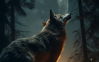 Картинка волк, дикий, хищник, животное, животные, природа, лес, деревья, дерево, вечер, закат, заход, ночь, темнота, темный, луна, AI Art, цифровое, арт, ИИ арт, сгенерированный, AI, ИИ