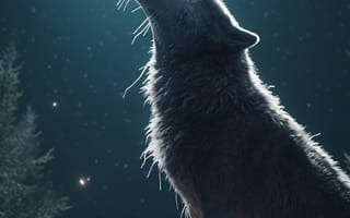 Картинка волк, дикий, хищник, животное, животные, природа, лес, деревья, дерево, ночь, темнота, темный, луна, вой, AI Art, цифровое, арт, ИИ арт, сгенерированный, AI, ИИ