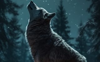 Картинка волк, дикий, хищник, животное, животные, природа, лес, деревья, дерево, ночь, темнота, темный, луна, вой, AI Art, цифровое, арт, ИИ арт, сгенерированный, AI, ИИ