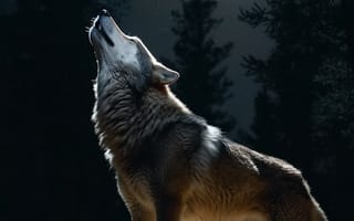 Картинка волк, дикий, хищник, животное, животные, природа, лес, деревья, дерево, ночь, темнота, темный, луна, вой, AI Art, цифровое, арт, ИИ арт, сгенерированный, AI, ИИ