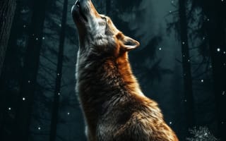 Картинка волк, дикий, хищник, животное, животные, природа, лес, деревья, дерево, ночь, темнота, звезды, звезда, темный, свечение, AI Art, цифровое, арт, ИИ арт, сгенерированный, AI, ИИ