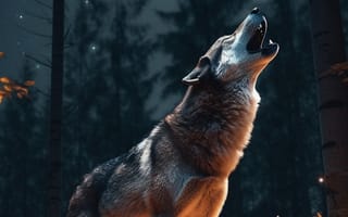 Картинка волк, дикий, хищник, животное, животные, природа, лес, деревья, дерево, ночь, темнота, темный, луна, свечение, AI Art, цифровое, арт, ИИ арт, сгенерированный, AI, ИИ