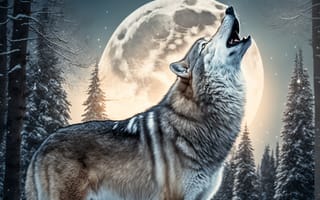 Картинка волк, дикий, хищник, животное, животные, природа, лес, деревья, дерево, ночь, темнота, луна, зима, снег, AI Art, цифровое, арт, ИИ арт, сгенерированный, AI, ИИ