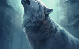 Картинка волк, дикий, хищник, животное, животные, природа, лес, деревья, дерево, ночь, темнота, темный, AI Art, цифровое, арт, ИИ арт, сгенерированный, AI, ИИ