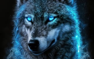 Картинка волк, дикий, хищник, животное, животные, природа, amoled, амолед, черный, ночь, темнота, темный, свечение, AI Art, цифровое, арт, ИИ арт, сгенерированный, AI, ИИ
