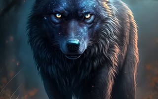 Картинка волк, дикий, хищник, животное, животные, природа, лес, деревья, дерево, ночь, темнота, темный, AI Art, цифровое, арт, ИИ арт, сгенерированный, AI, ИИ