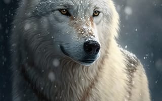 Картинка волк, дикий, хищник, животное, животные, природа, ночь, темнота, вечер, зима, снег, AI Art, цифровое, арт, ИИ арт, сгенерированный, AI, ИИ, белый