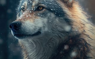 Картинка волк, дикий, хищник, животное, животные, природа, зима, снег, AI Art, цифровое, арт, ИИ арт, сгенерированный, AI, ИИ, ночь, темнота, темный