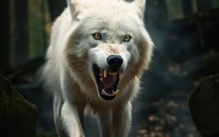 Картинка волк, дикий, хищник, животное, животные, природа, лес, деревья, дерево, осень, белый, AI Art, цифровое, арт, ИИ арт, сгенерированный, AI, ИИ, злой