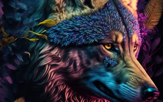 Картинка волк, дикий, хищник, животное, животные, природа, ночь, темнота, темный, арт, рисунок, AI Art, цифровое, ИИ арт, сгенерированный, AI, ИИ, лист, растение