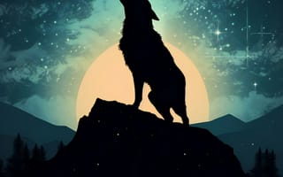 Картинка волк, дикий, хищник, животное, животные, природа, скала, ночь, темнота, темный, свечение, звезды, звезда, арт, рисунок