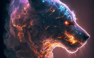 Картинка волк, дикий, хищник, животное, животные, природа, ночь, темнота, темный, облака, туча, облако, тучи, небо, арт, рисунок, космос, огонь, AI Art, цифровое, ИИ арт, сгенерированный, AI, ИИ