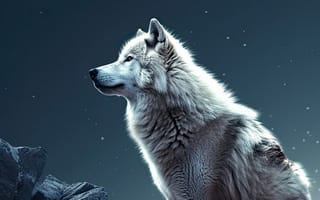 Картинка волк, дикий, хищник, животное, животные, природа, скала, ночь, темнота, звезды, звезда, белый, арт, рисунок