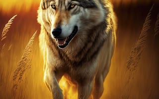 Картинка волк, дикий, хищник, животное, животные, природа, бег, поле, вечер, закат, заход, арт, рисунок, AI Art, цифровое, ИИ арт, сгенерированный, AI, ИИ
