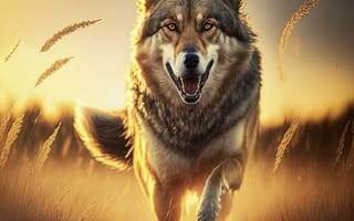 Картинка волк, дикий, хищник, животное, животные, природа, вечер, закат, заход, бег, арт, рисунок, AI Art, цифровое, ИИ арт, сгенерированный, AI, ИИ