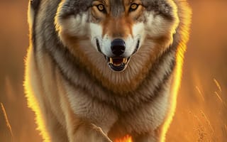 Картинка волк, дикий, хищник, животное, животные, природа, бег, поле, вечер, закат, заход, AI Art, цифровое, арт, ИИ арт, сгенерированный, AI, ИИ