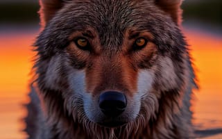 Картинка волк, дикий, хищник, животное, животные, природа, вечер, сумерки, закат, заход, вода, озеро, портрет