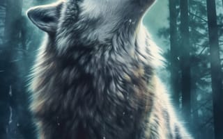 Картинка волк, дикий, хищник, животное, животные, природа, лес, деревья, дерево, ночь, темнота, AI Art, цифровое, арт, ИИ арт, сгенерированный, AI, ИИ