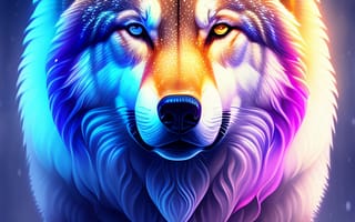 Картинка волк, дикий, хищник, животное, животные, природа, арт, рисунок, AI Art, зима, снег, ночь, темнота, темный, свечение