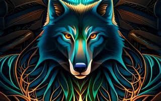 Картинка волк, дикий, хищник, животное, животные, природа, арт, рисунок, AI Art, свечение, неон