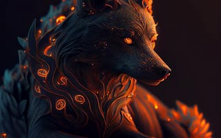 Картинка волк, дикий, хищник, животное, животные, природа, арт, рисунок, water, lake, ночь, темнота, темный, огонь