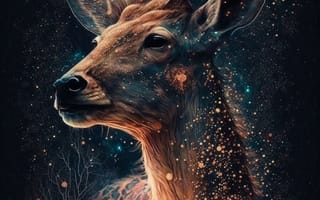 Картинка олень, животные, животное, природа, арт, рисунок, AI Art, ночь, темнота, темный