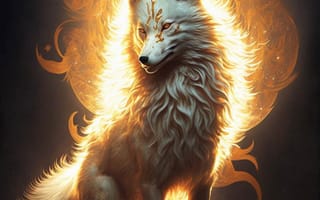 Картинка волк, дикий, хищник, животное, животные, природа, арт, рисунок, AI Art, белый, огонь, пламя