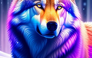 Картинка волк, дикий, хищник, животное, животные, природа, арт, рисунок, AI Art, зима, снег, ночь, темнота, свечение