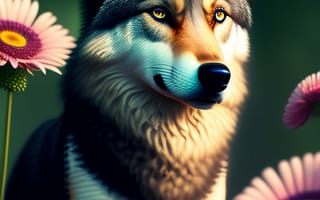 Картинка волк, дикий, хищник, животное, животные, природа, арт, рисунок, AI Art, цветок, луг