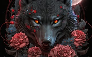 Картинка волк, дикий, хищник, животное, животные, природа, ночь, темнота, луна, роза, цветок, арт, рисунок, AI Art