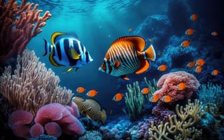 Картинка рыба, подводный мир, подводный, коралл, коралловый риф, экзотический, тропическая, море, океан, вода, морское дно, стая, много, пара, двое, арт, рисунок, AI Art, цифровое, ИИ арт, сгенерированный, AI, ИИ